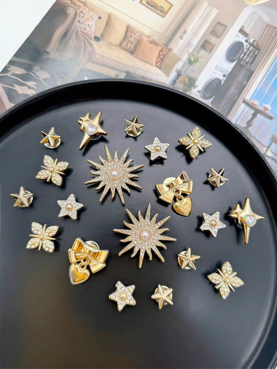 20pcs Gold Sun, Bow, Heart, Star ABS Resin Shoe Charms, Removable DIY Shoe Decorations - Personalized Footwear Style